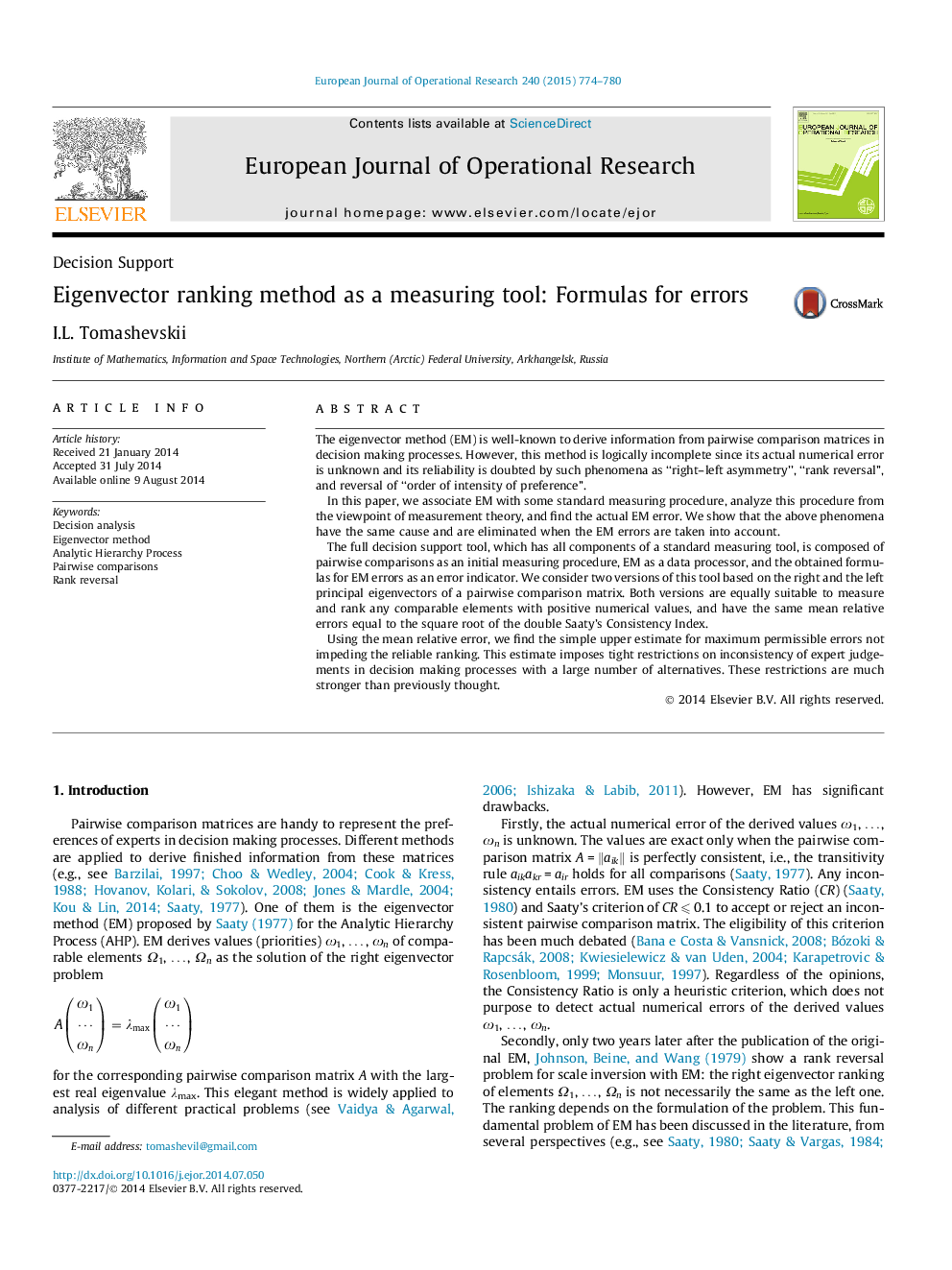 Eigenvector ranking method as a measuring tool: Formulas for errors