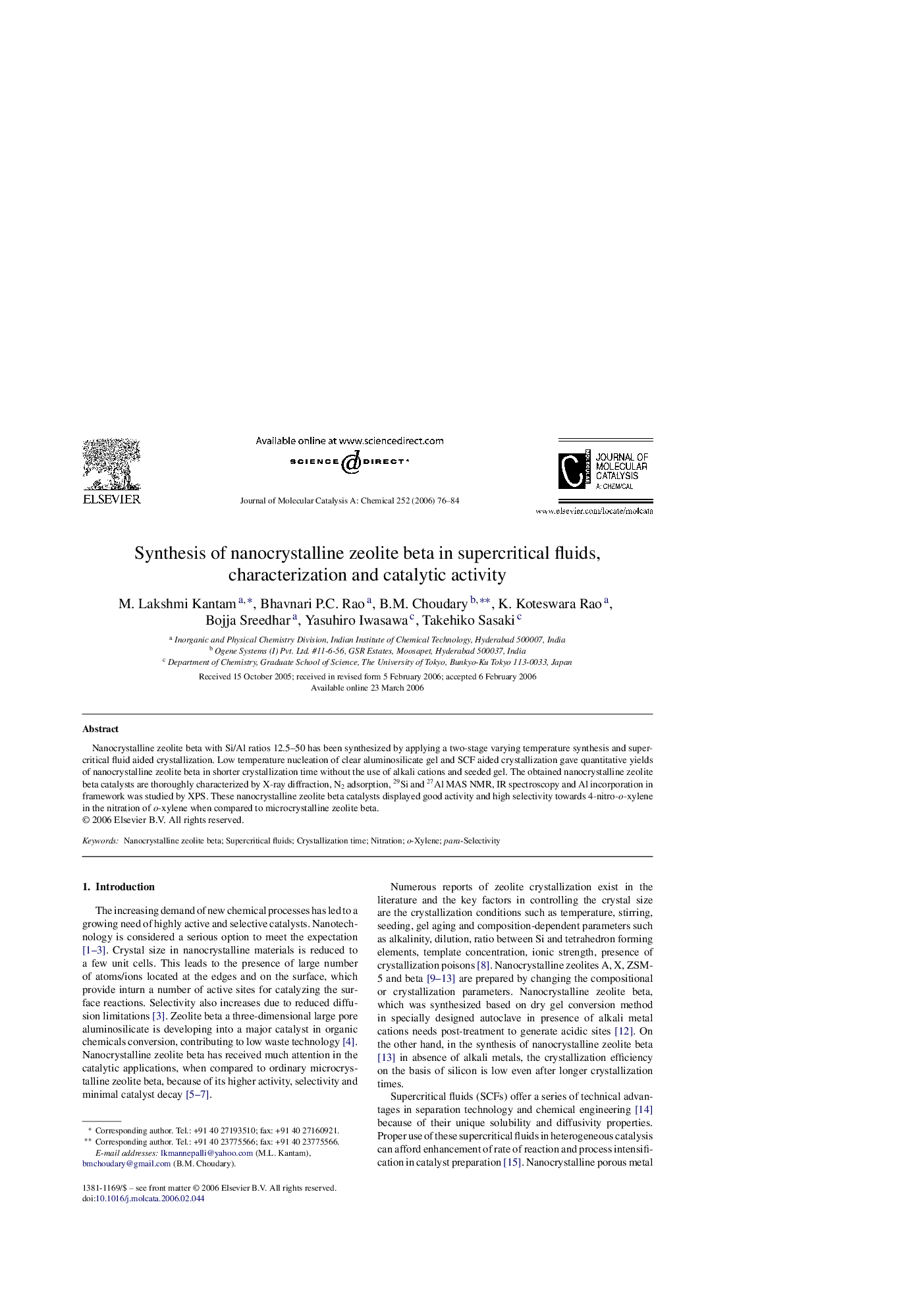 Synthesis of nanocrystalline zeolite beta in supercritical fluids, characterization and catalytic activity