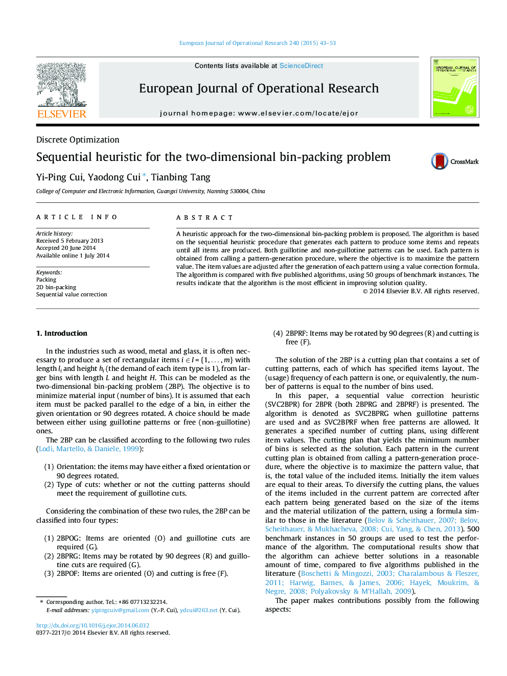 Sequential heuristic for the two-dimensional bin-packing problem