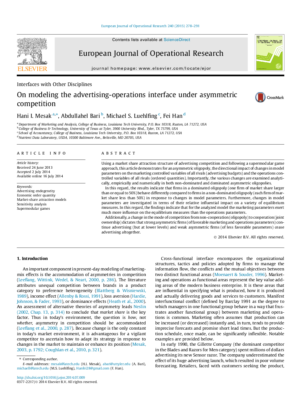 On modeling the advertising-operations interface under asymmetric competition