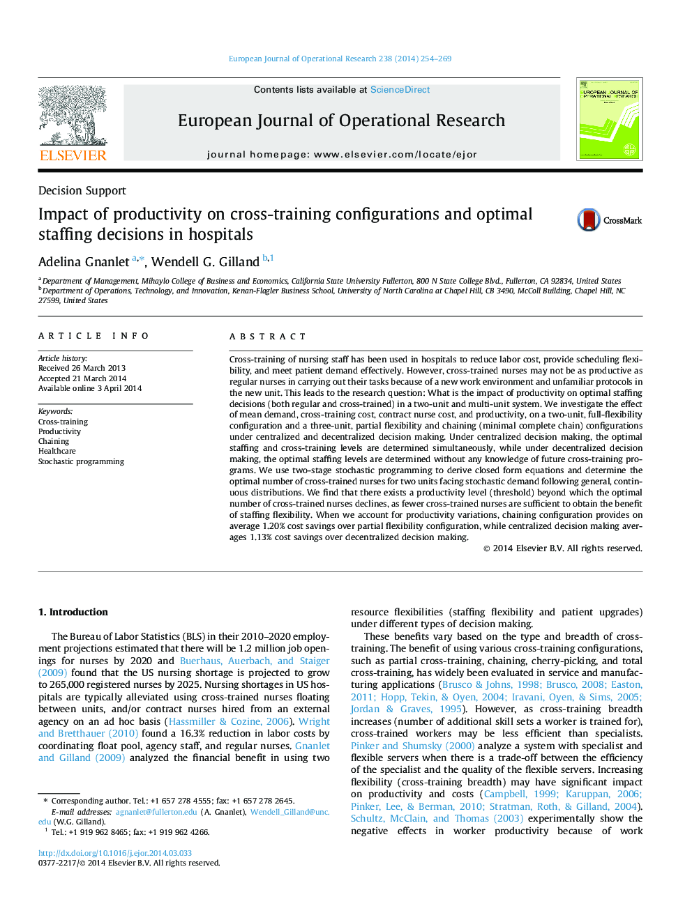 Impact of productivity on cross-training configurations and optimal staffing decisions in hospitals