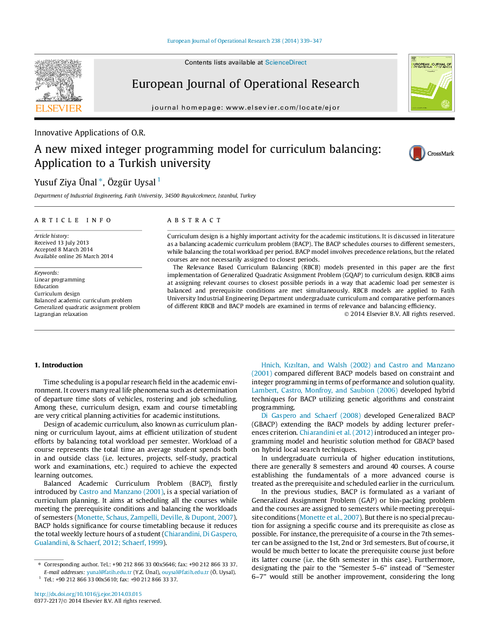 A new mixed integer programming model for curriculum balancing: Application to a Turkish university