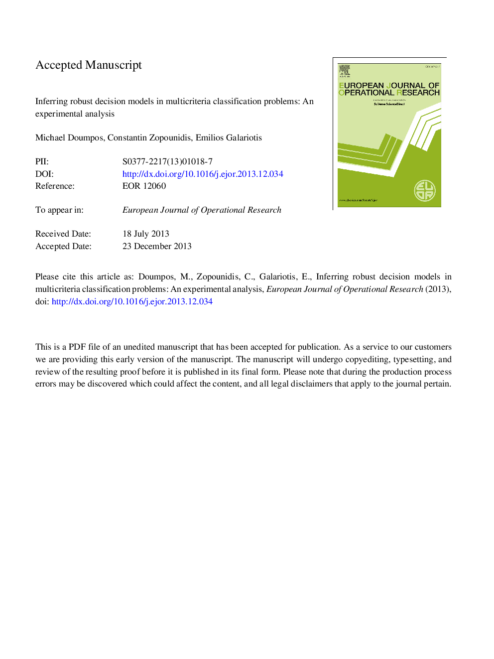 Inferring robust decision models in multicriteria classification problems: An experimental analysis