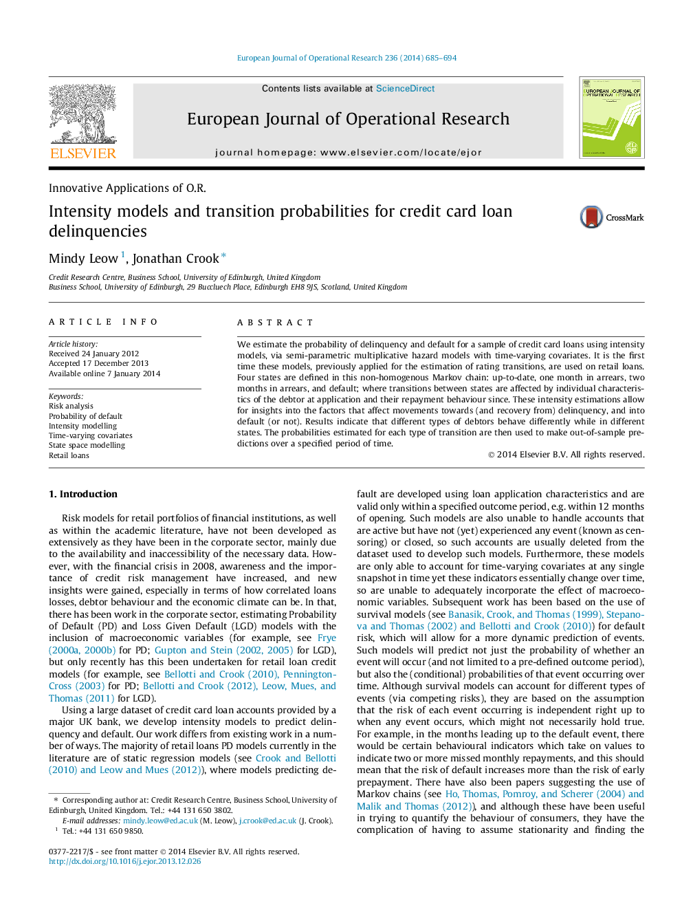 Intensity models and transition probabilities for credit card loan delinquencies