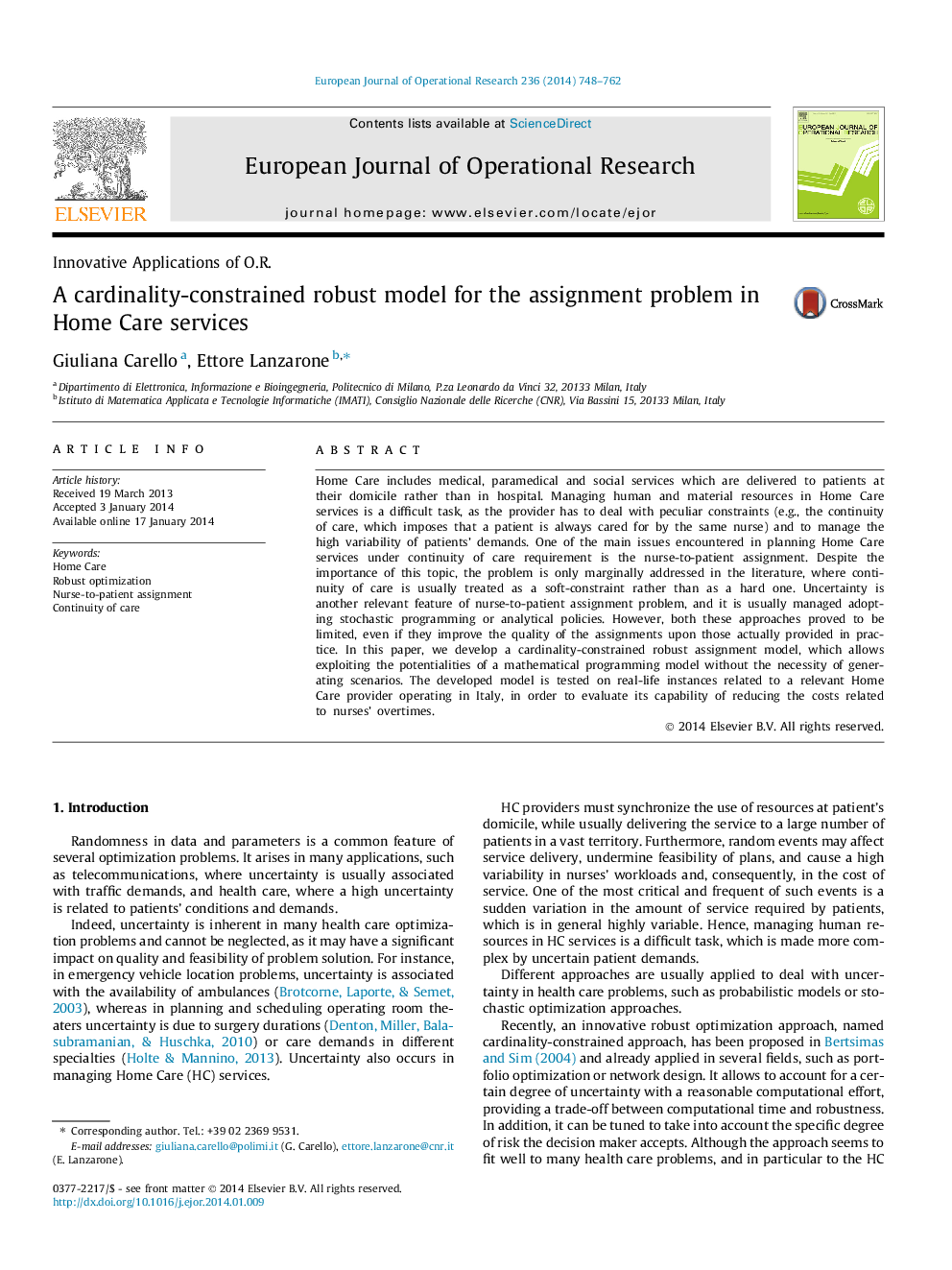 A cardinality-constrained robust model for the assignment problem in Home Care services