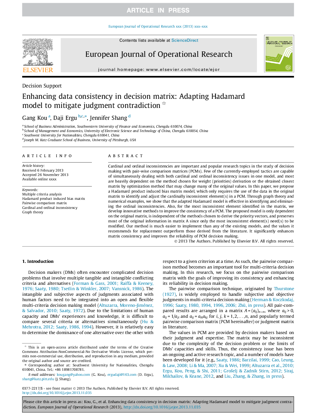 Enhancing data consistency in decision matrix: Adapting Hadamard model to mitigate judgment contradiction