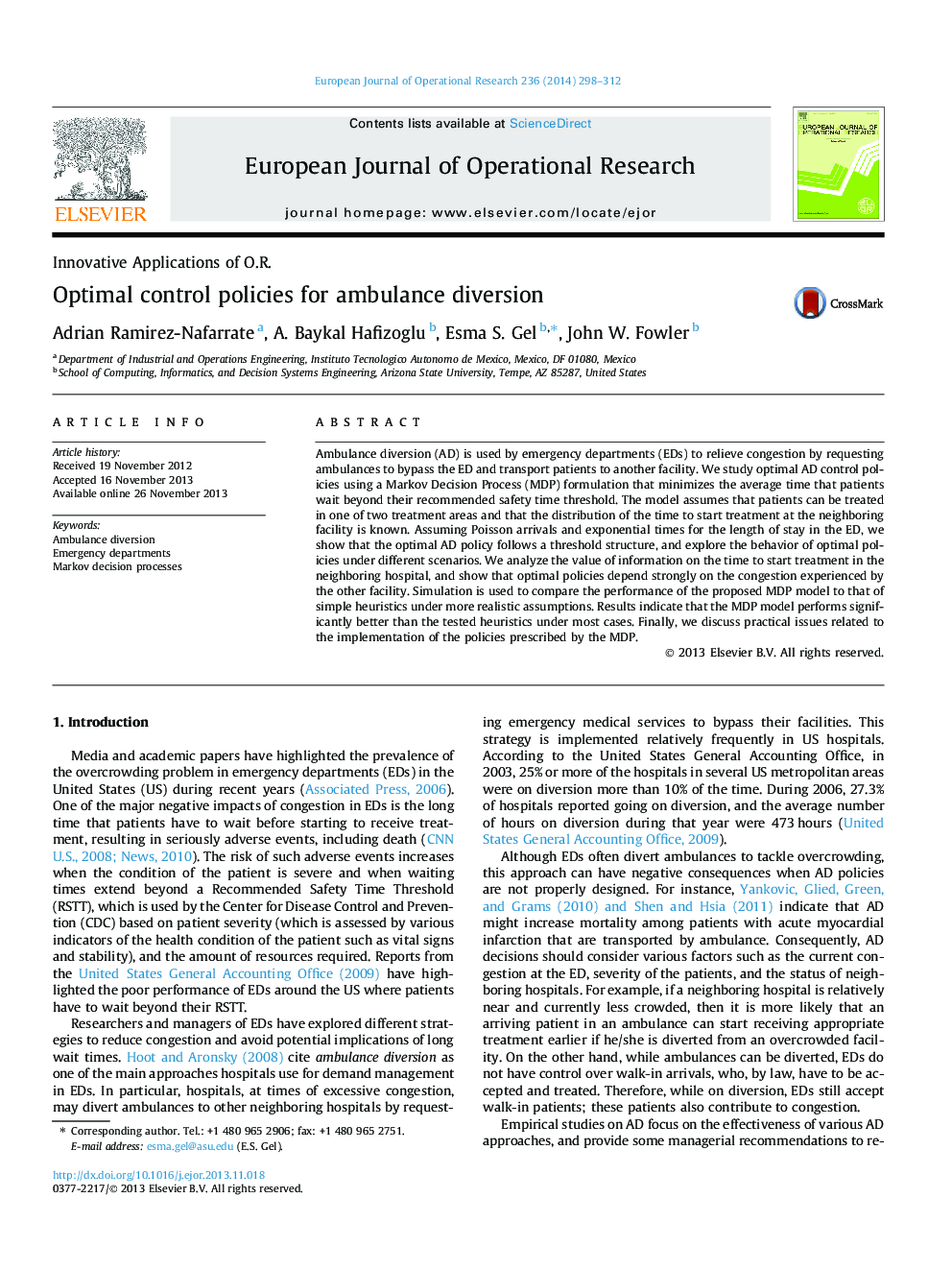 Optimal control policies for ambulance diversion