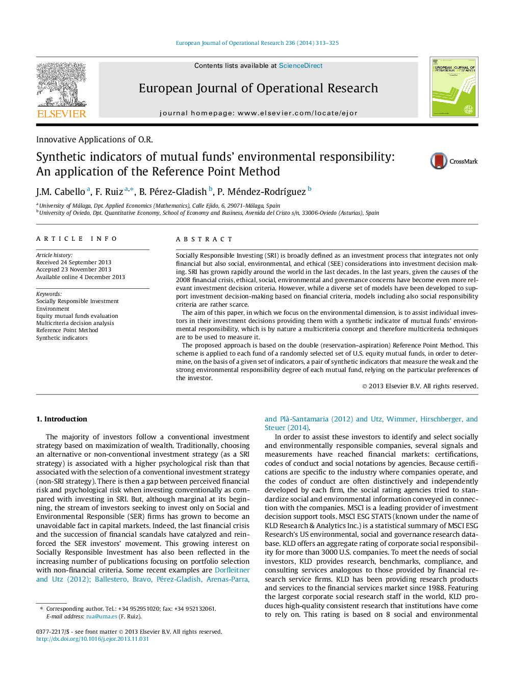 Synthetic indicators of mutual funds' environmental responsibility: An application of the Reference Point Method