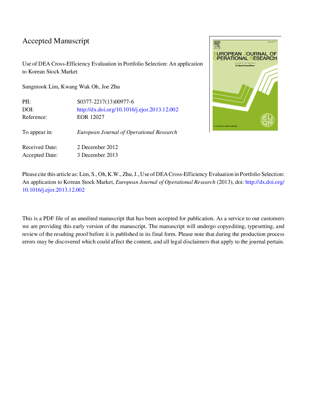 Use of DEA cross-efficiency evaluation in portfolio selection: An application to Korean stock market