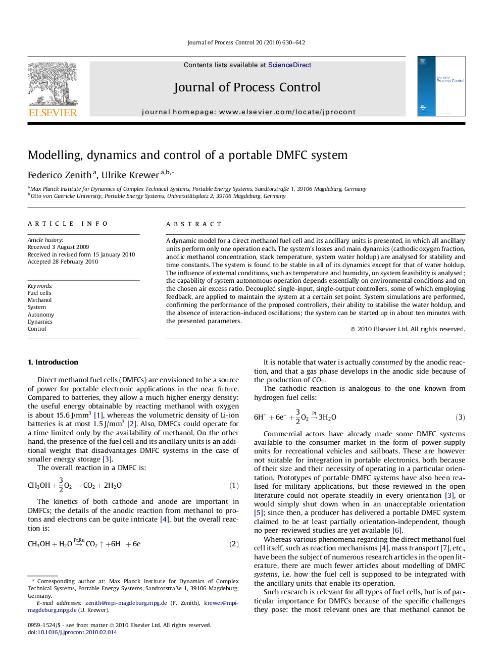 Modelling, dynamics and control of a portable DMFC system