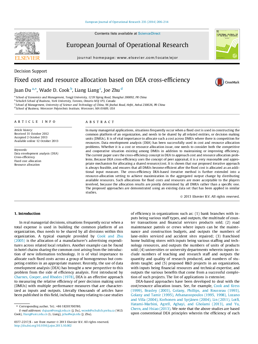 Fixed cost and resource allocation based on DEA cross-efficiency