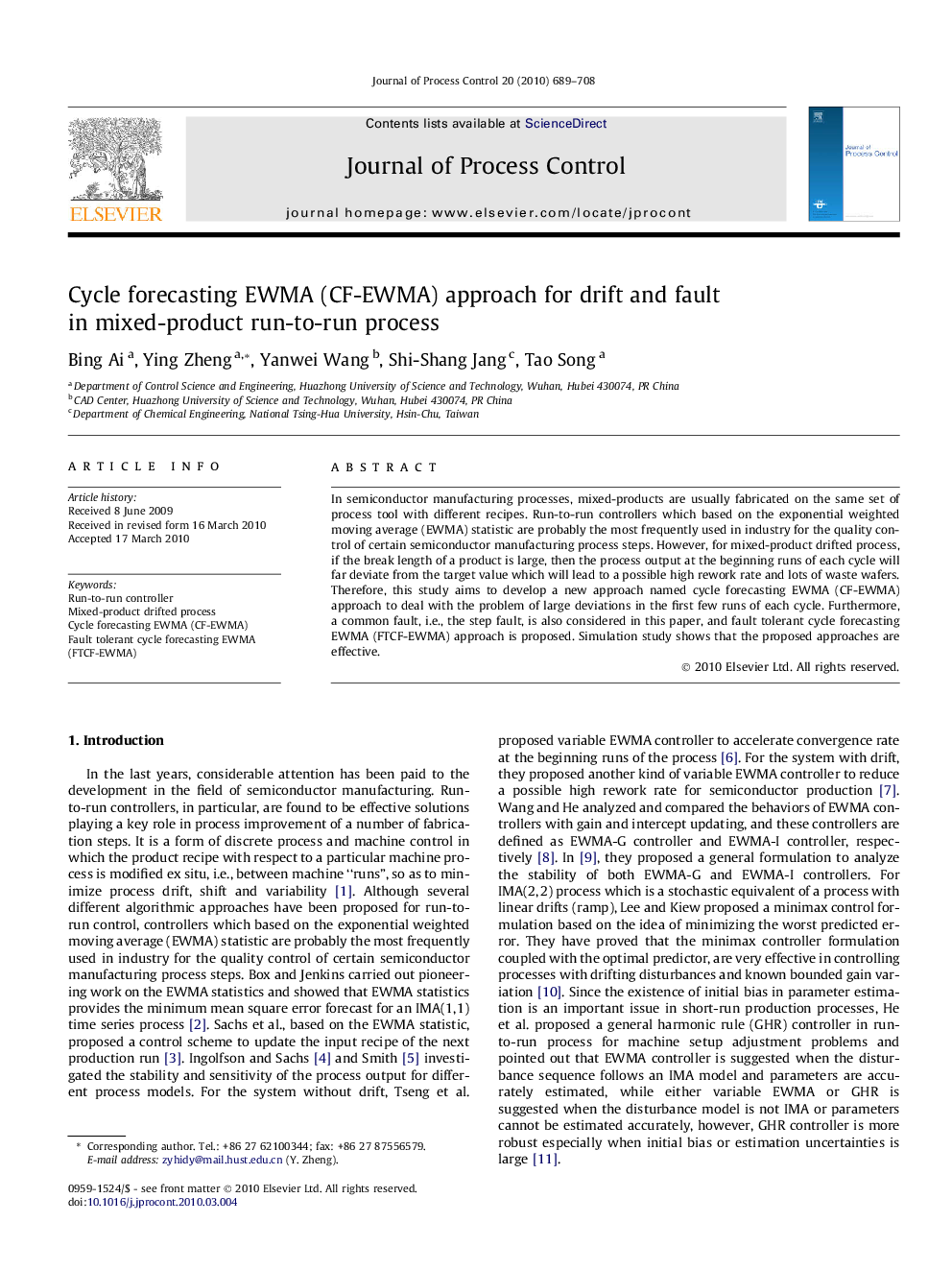 عکس صفحه اول مقاله: Cycle forecasting EWMA (CF-EWMA) approach for drift and fault in mixed-product run-to-run process Cycle forecasting EWMA (CF-EWMA) approach for drift and fault in mixed-product run-to-run process