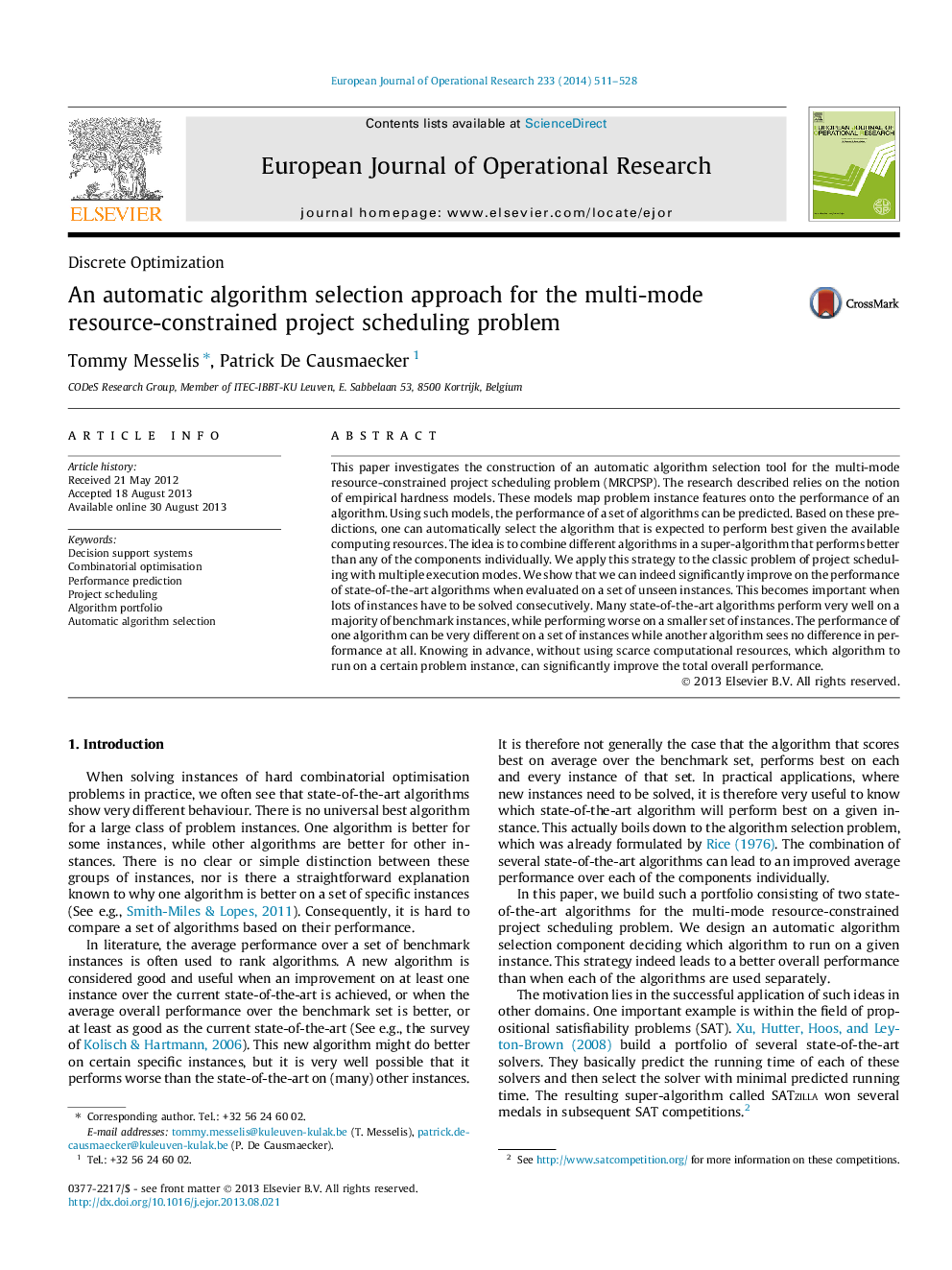 An automatic algorithm selection approach for the multi-mode resource-constrained project scheduling problem