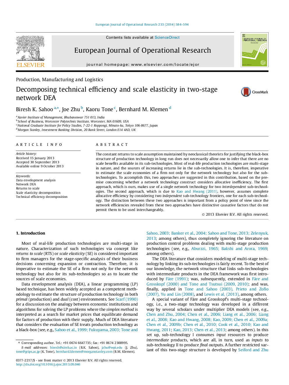 Decomposing technical efficiency and scale elasticity in two-stage network DEA