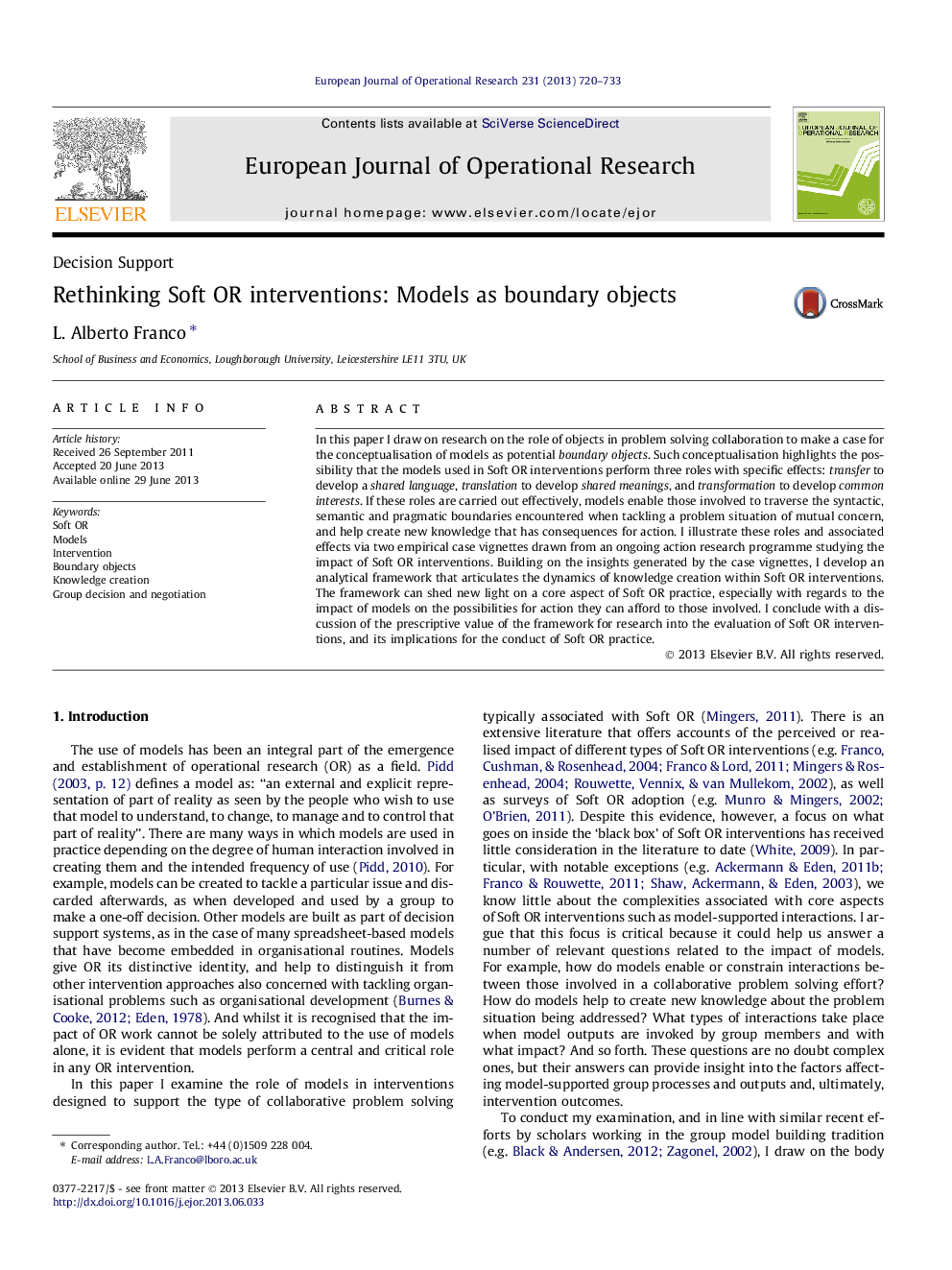 Rethinking Soft OR interventions: Models as boundary objects