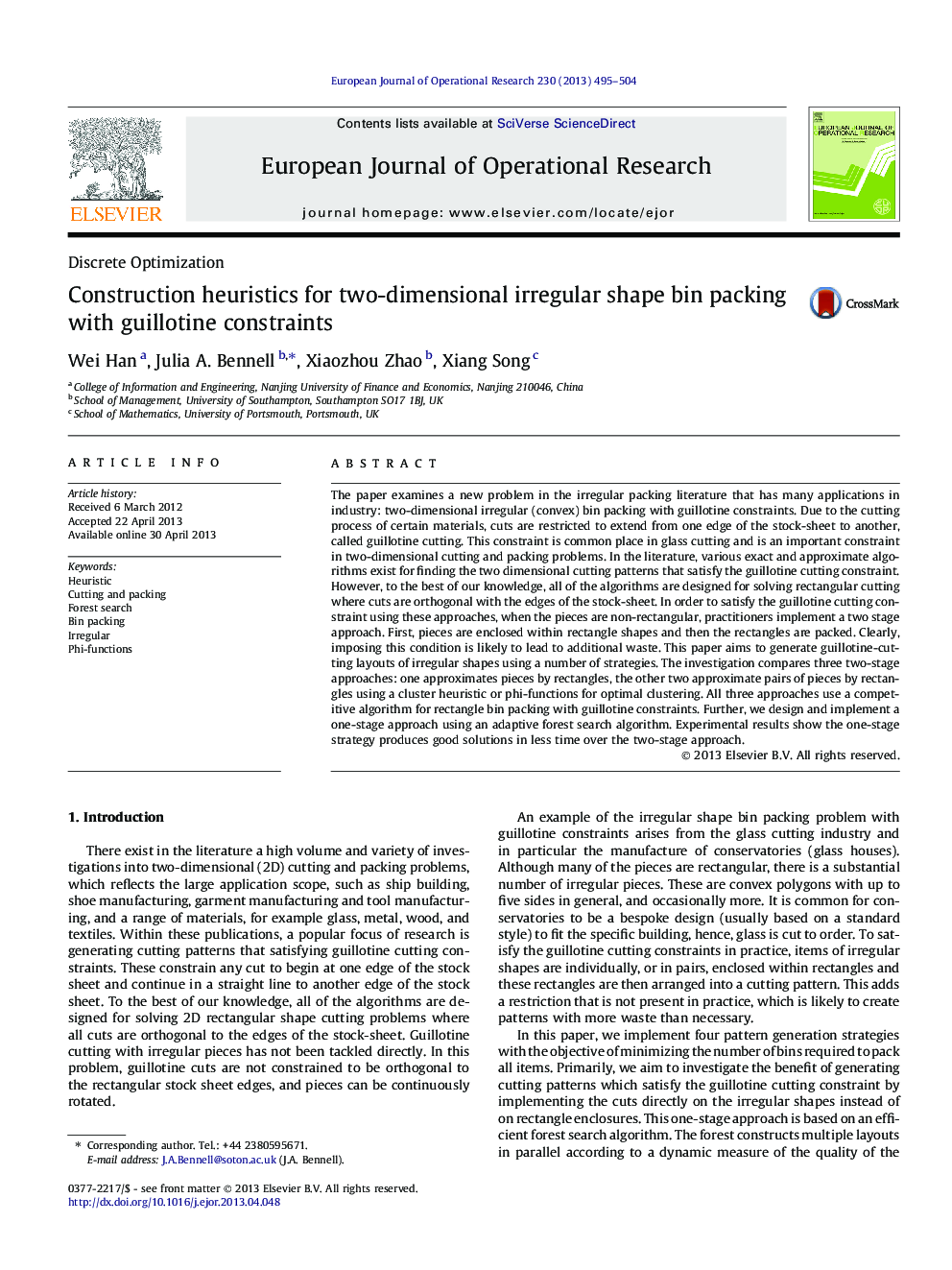 Construction heuristics for two-dimensional irregular shape bin packing with guillotine constraints