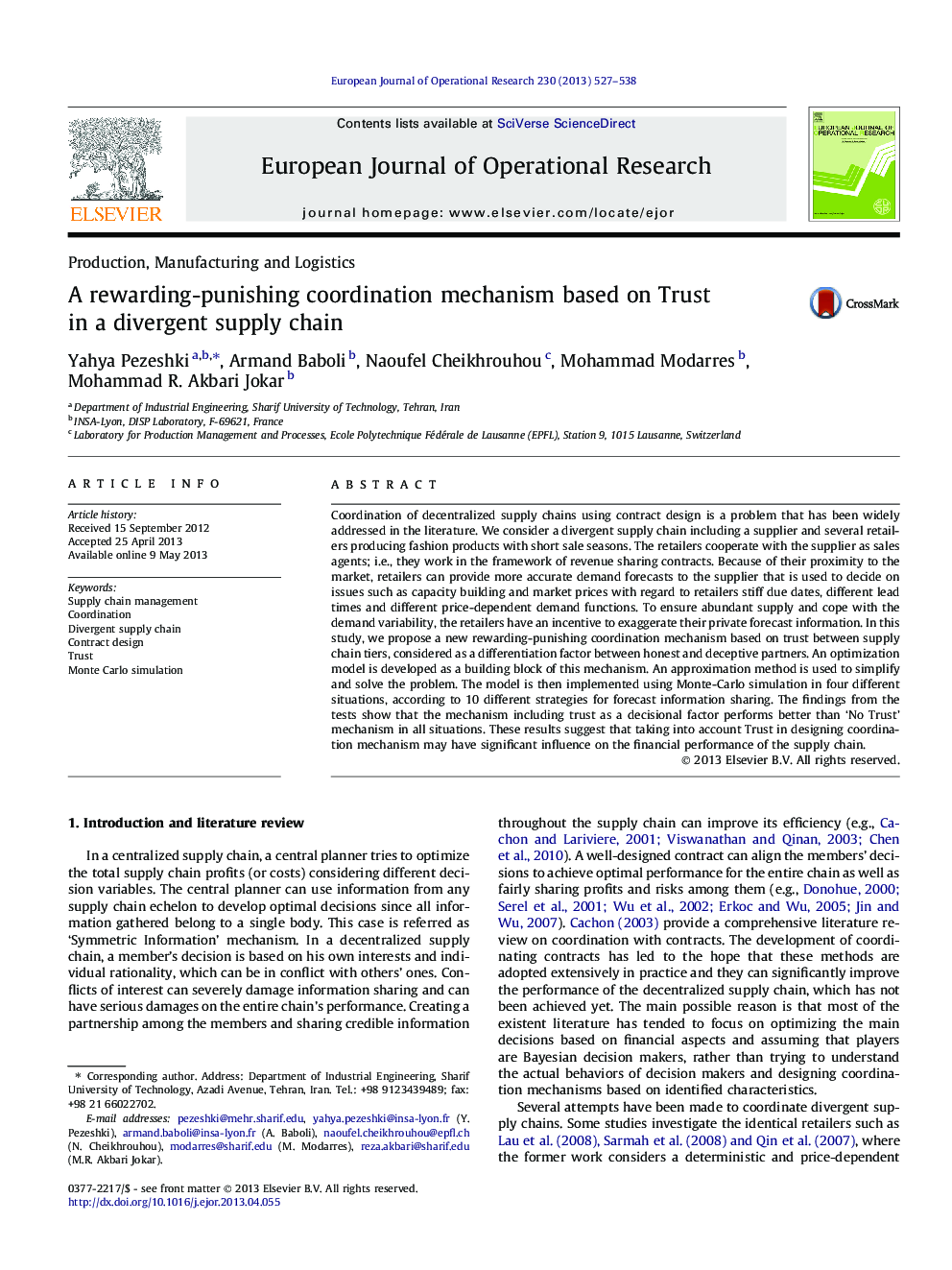 A rewarding-punishing coordination mechanism based on Trust in a divergent supply chain