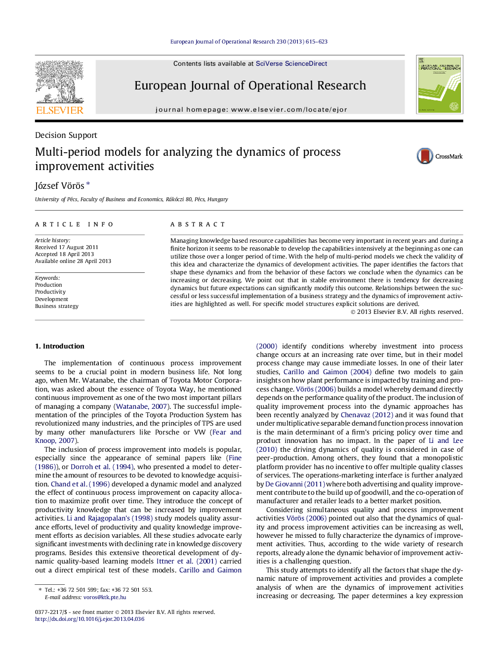 Multi-period models for analyzing the dynamics of process improvement activities