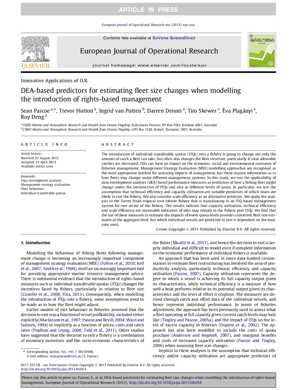 DEA-based predictors for estimating fleet size changes when modelling the introduction of rights-based management