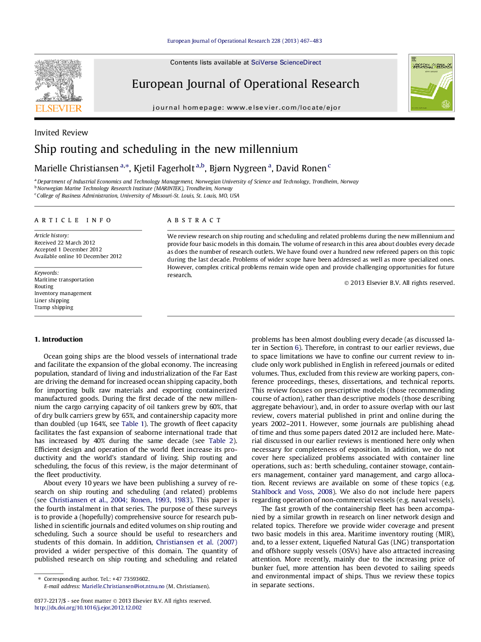 Ship routing and scheduling in the new millennium