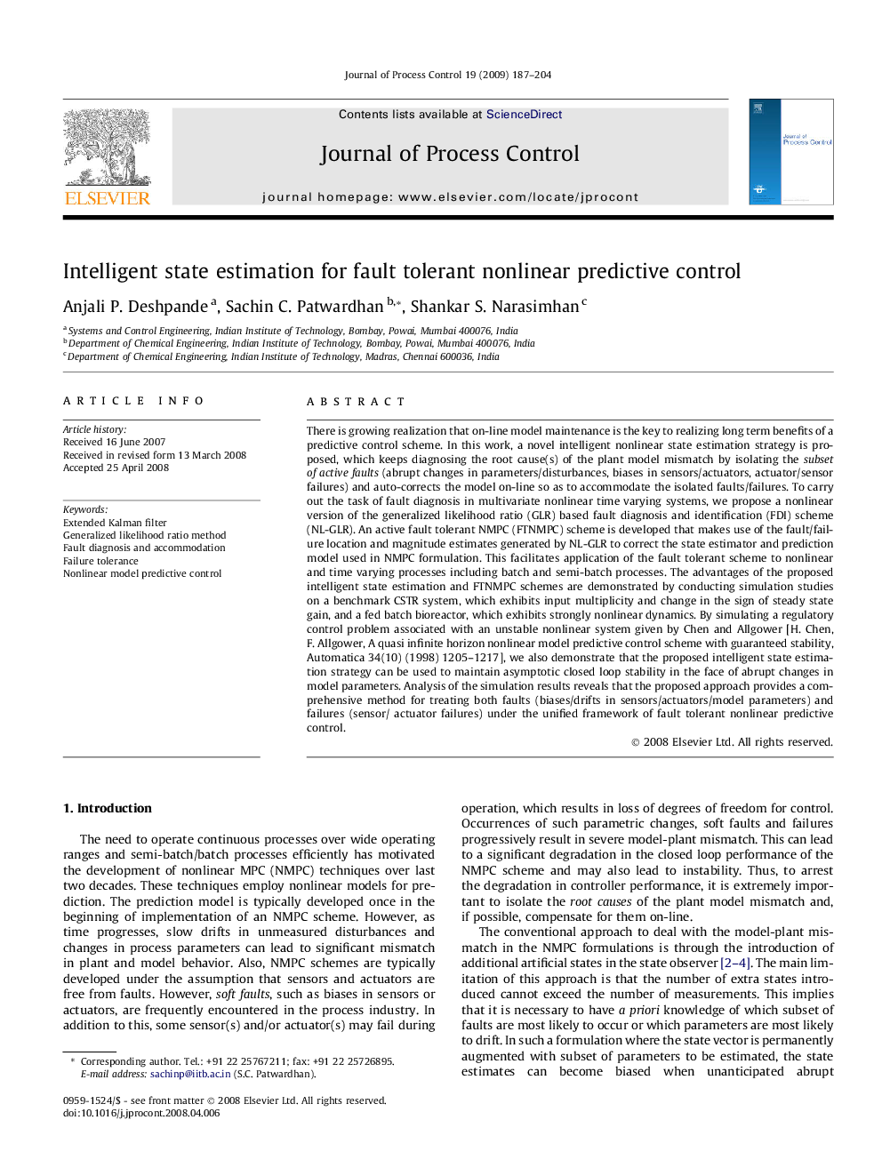 Intelligent state estimation for fault tolerant nonlinear predictive control