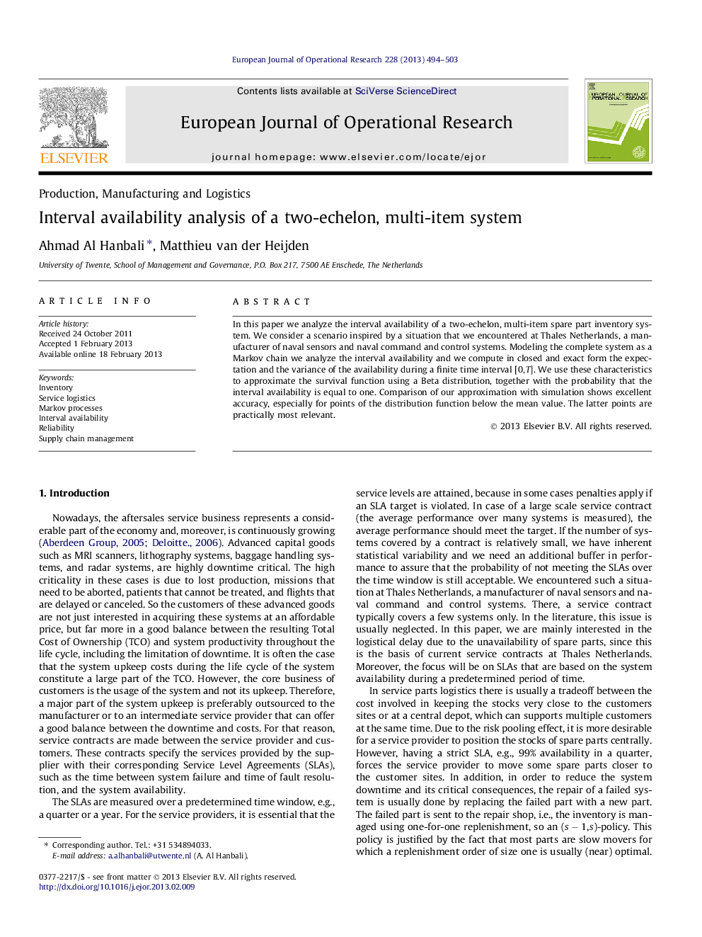 Interval availability analysis of a two-echelon, multi-item system