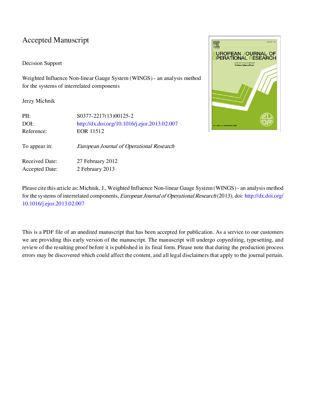 Weighted Influence Non-linear Gauge System (WINGS) - An analysis method for the systems of interrelated components