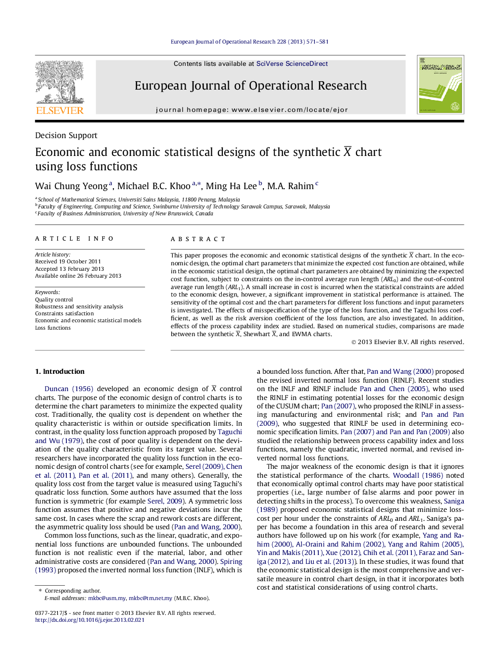 Economic and economic statistical designs of the synthetic XÂ¯ chart using loss functions