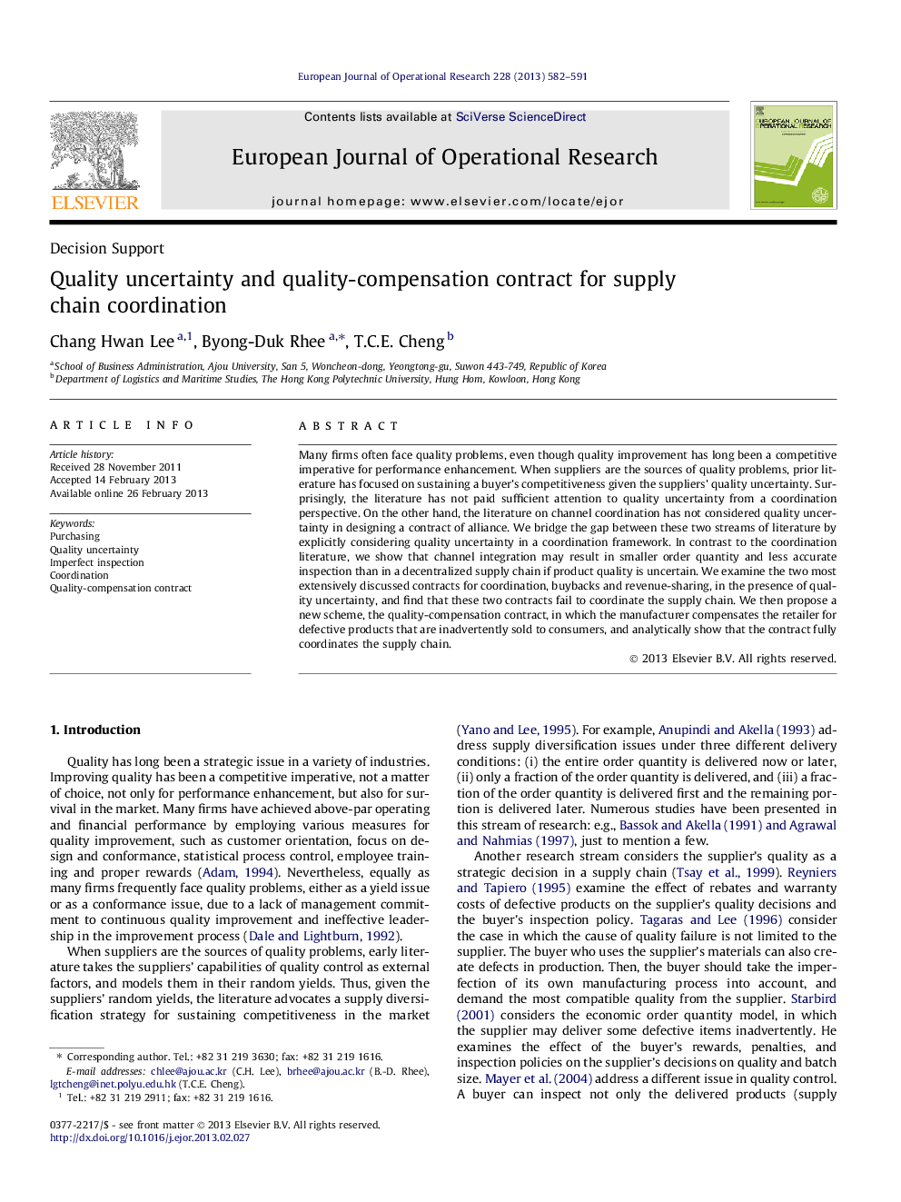 Quality uncertainty and quality-compensation contract for supply chain coordination