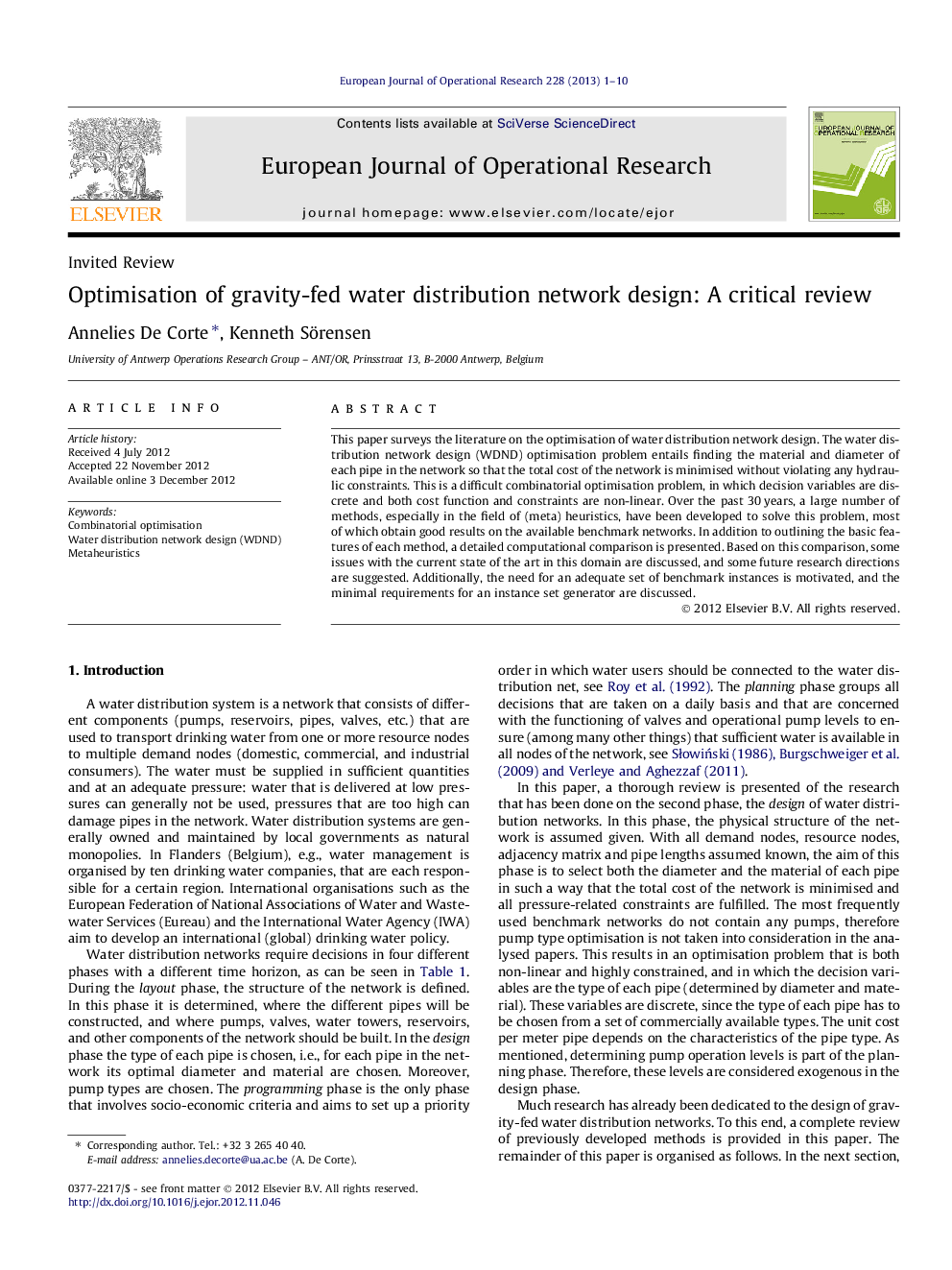 Optimisation of gravity-fed water distribution network design: A critical review