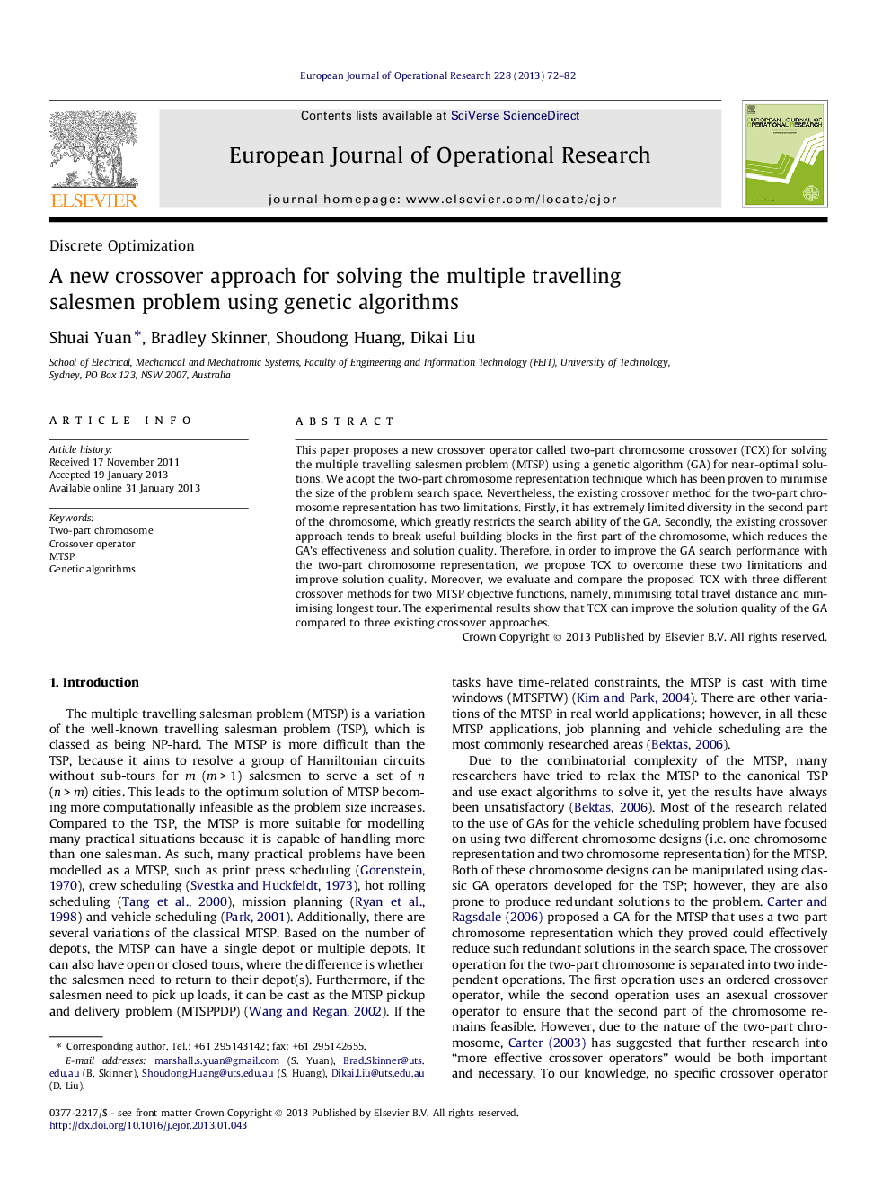 A new crossover approach for solving the multiple travelling salesmen problem using genetic algorithms