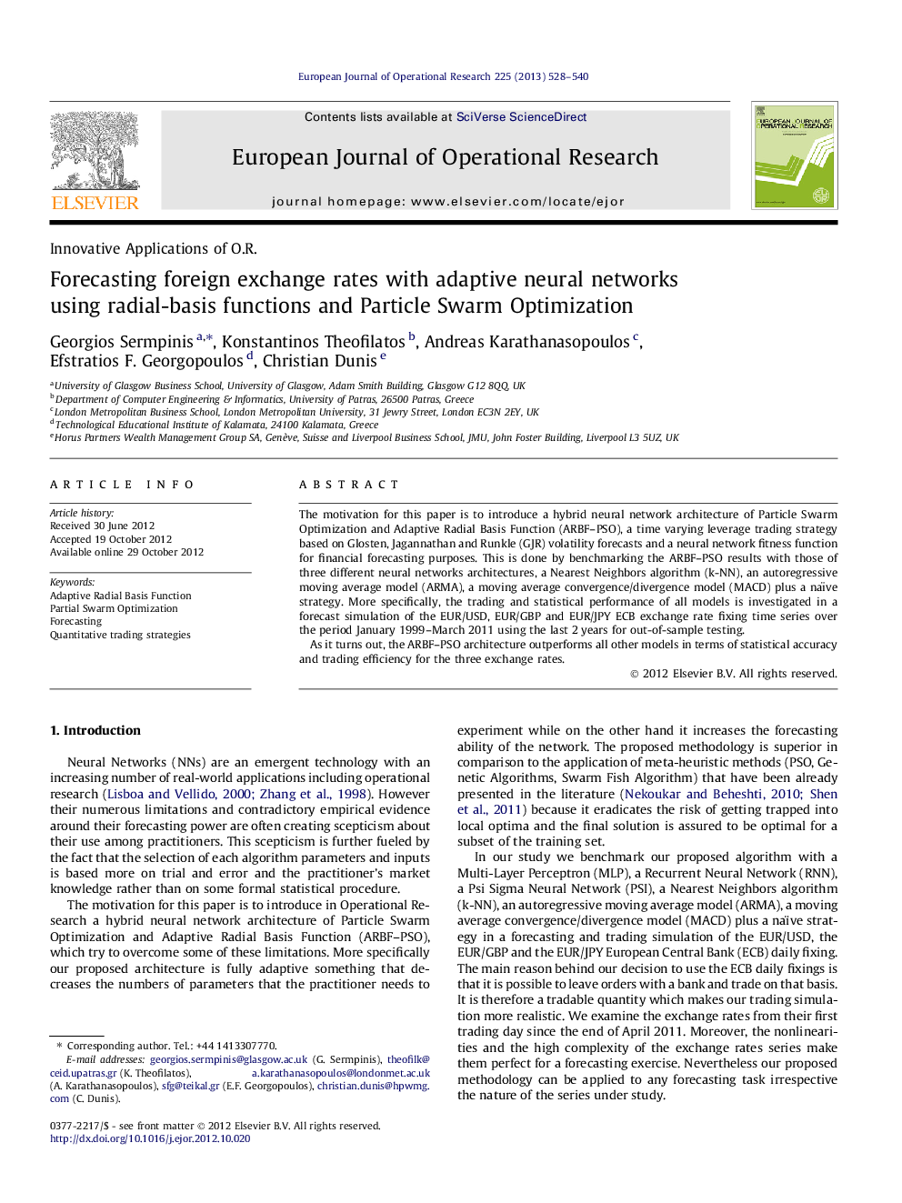 Forecasting foreign exchange rates with adaptive neural networks using radial-basis functions and Particle Swarm Optimization