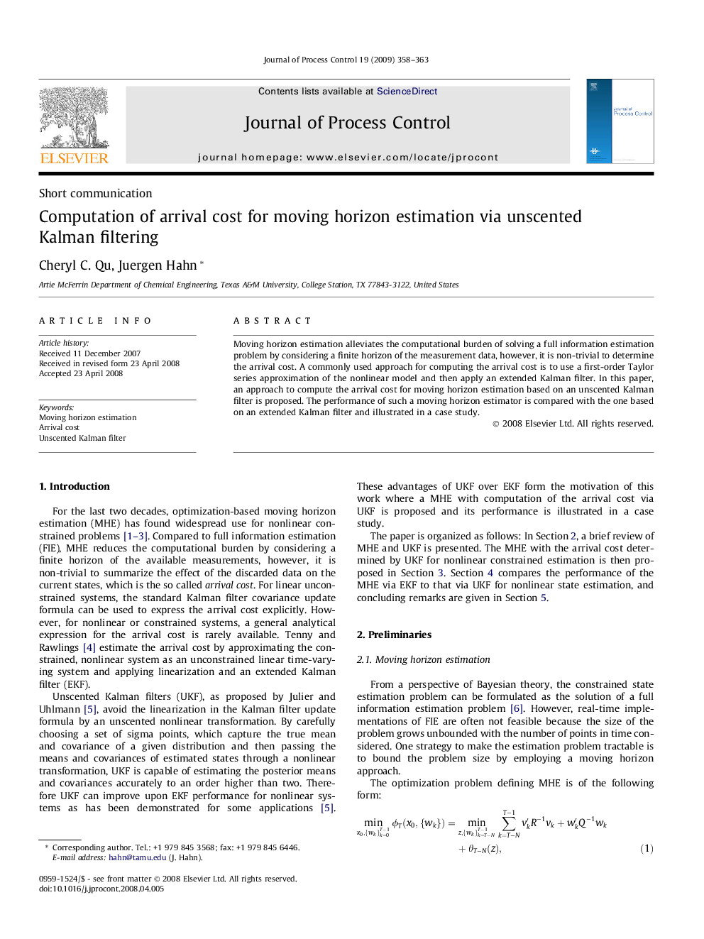 Computation of arrival cost for moving horizon estimation via unscented Kalman filtering