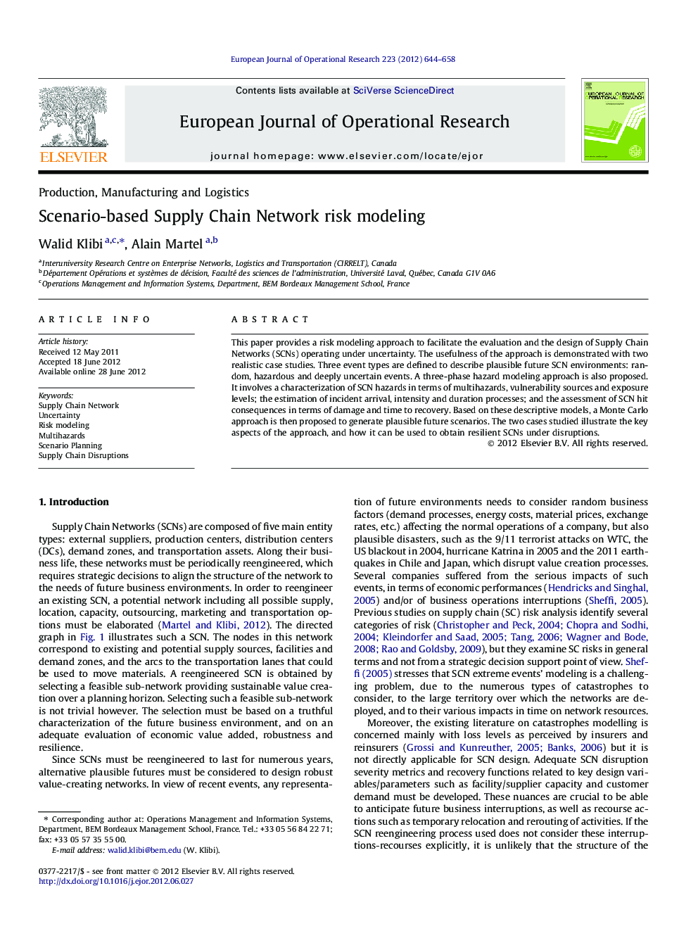 Scenario-based Supply Chain Network risk modeling