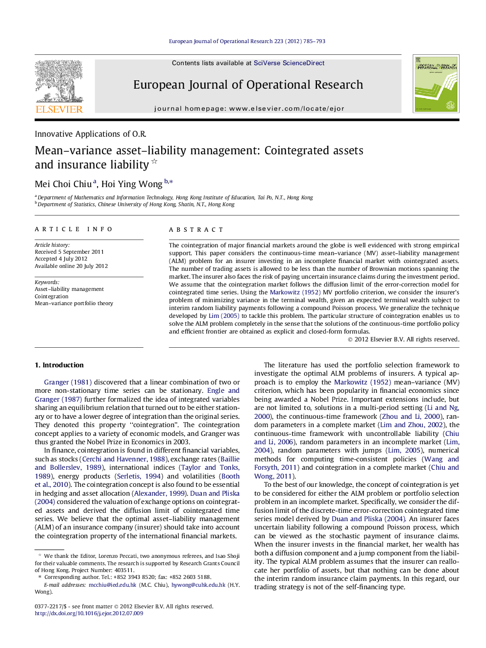 Mean-variance asset-liability management: Cointegrated assets and insurance liability