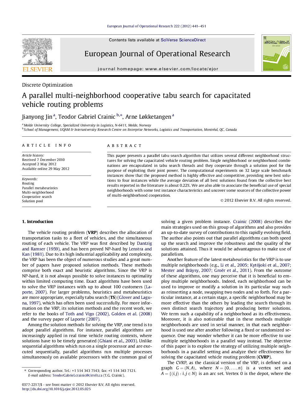 A parallel multi-neighborhood cooperative tabu search for capacitated vehicle routing problems