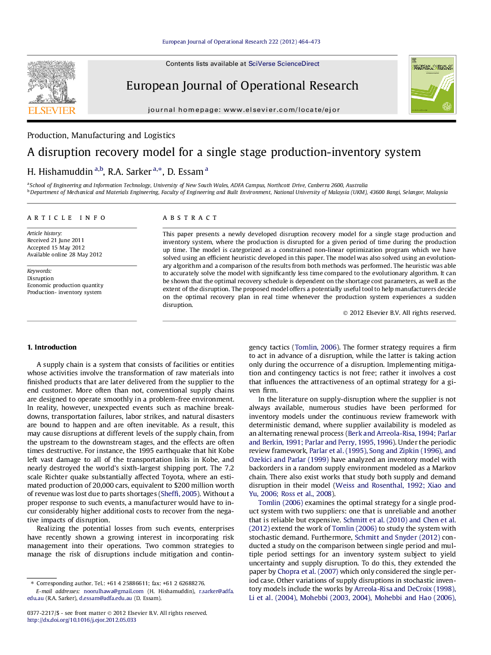 A disruption recovery model for a single stage production-inventory system