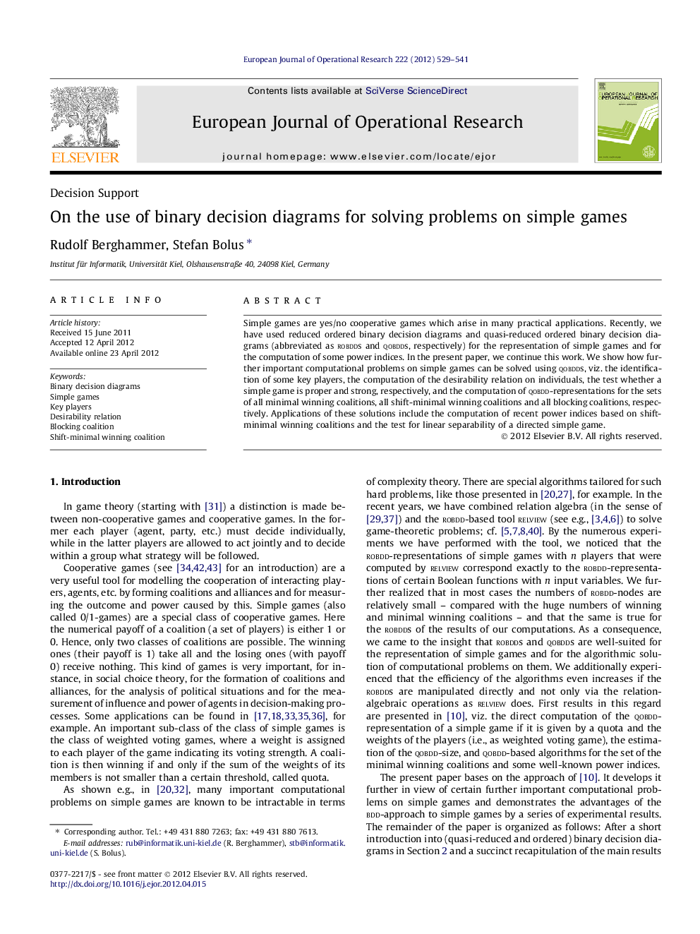 On the use of binary decision diagrams for solving problems on simple games