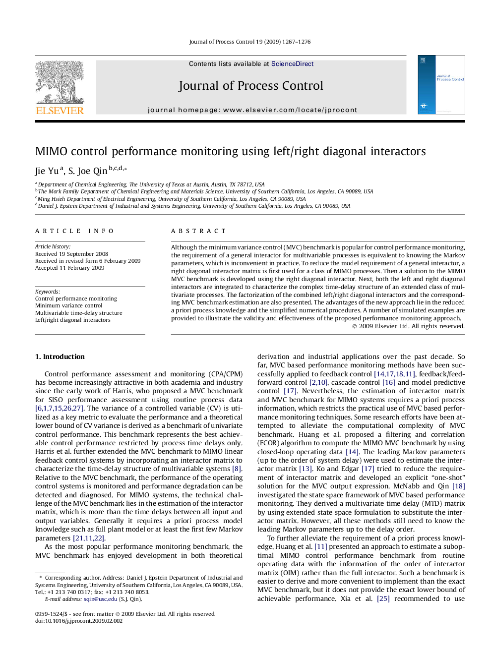 MIMO control performance monitoring using left/right diagonal interactors