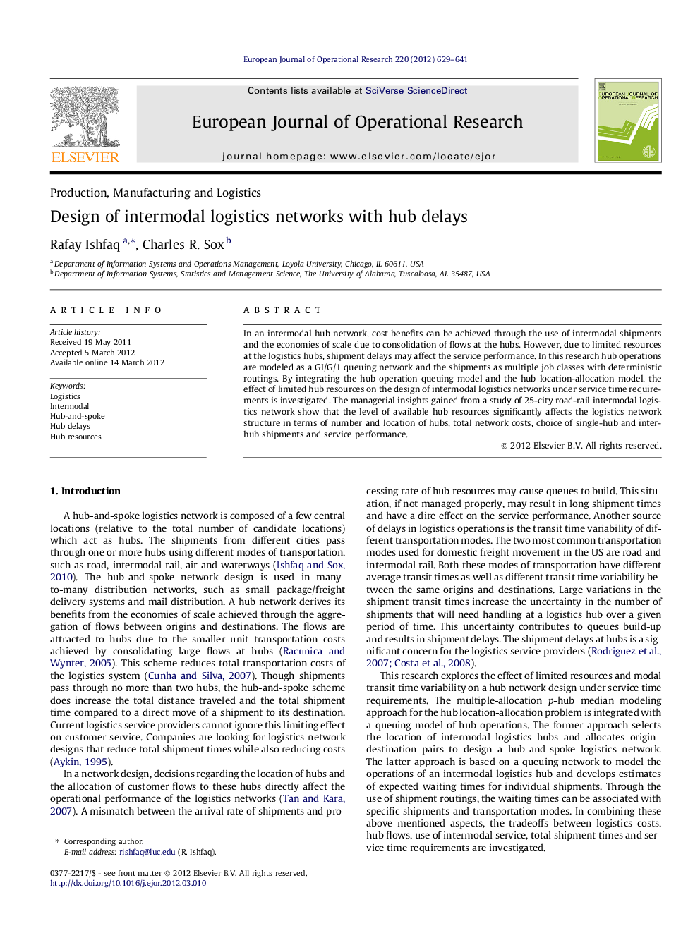 Design of intermodal logistics networks with hub delays