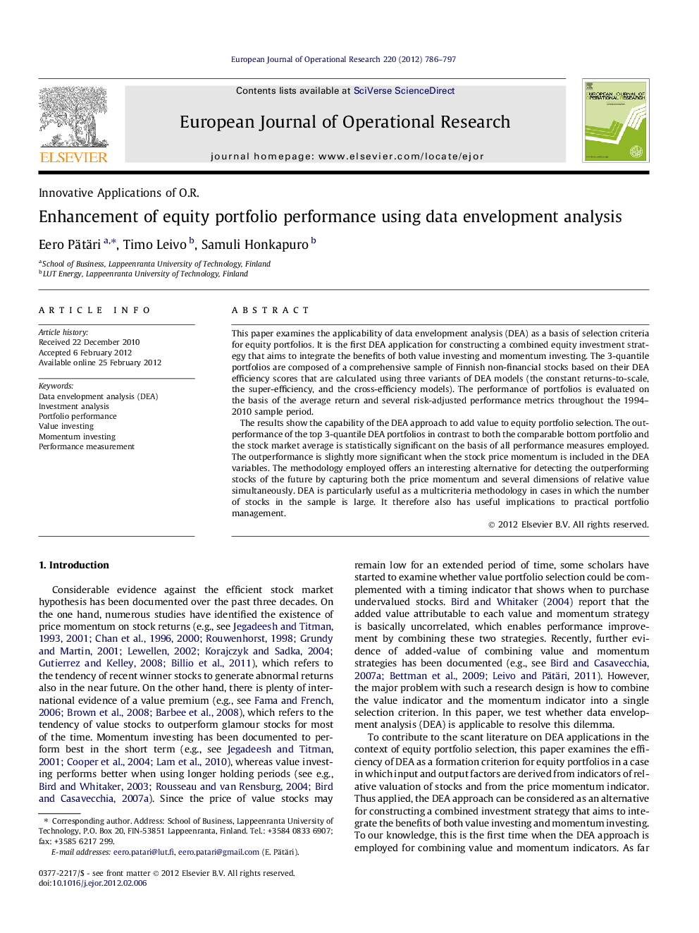 Enhancement of equity portfolio performance using data envelopment analysis