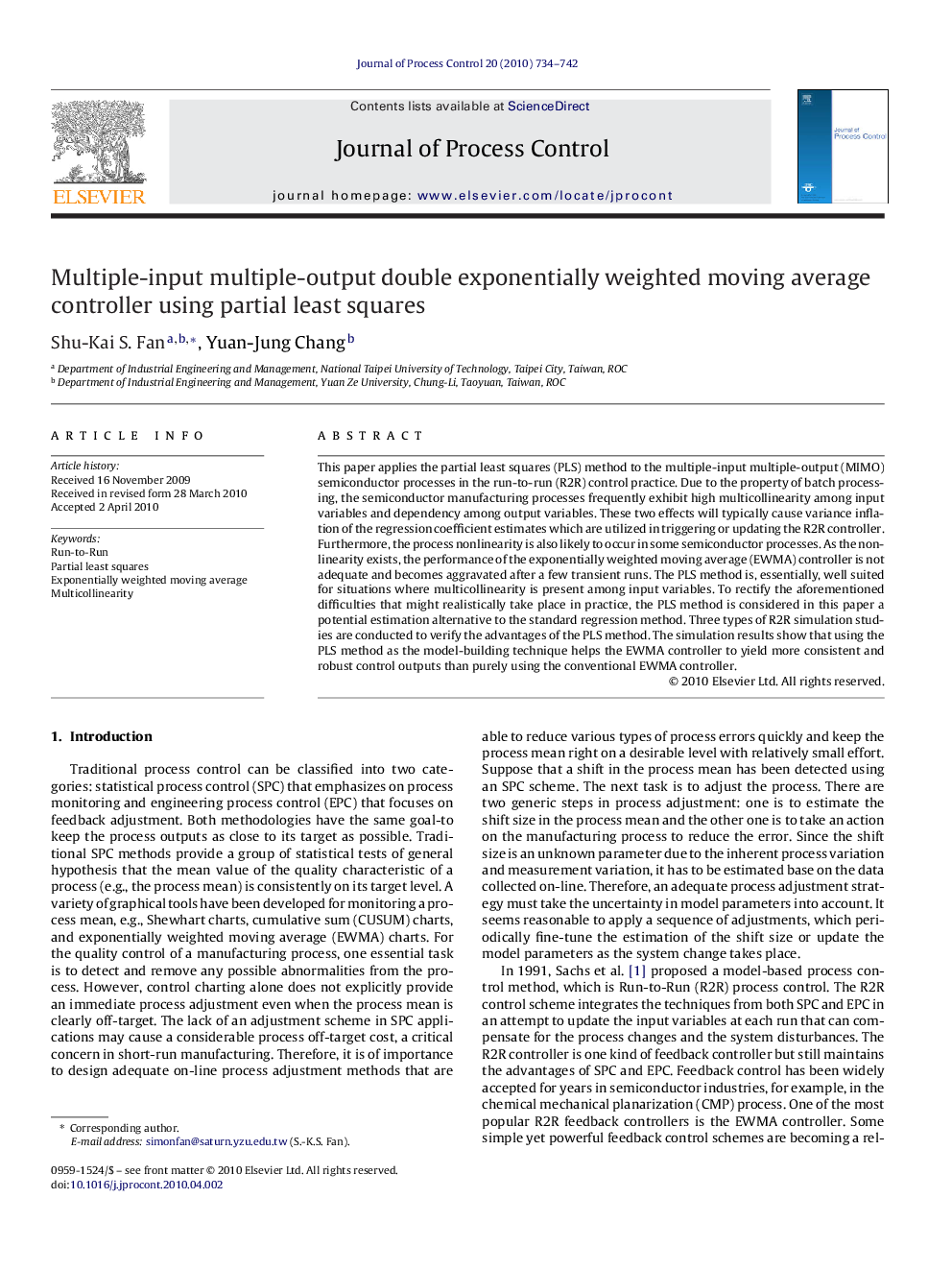 Multiple-input multiple-output double exponentially weighted moving average controller using partial least squares