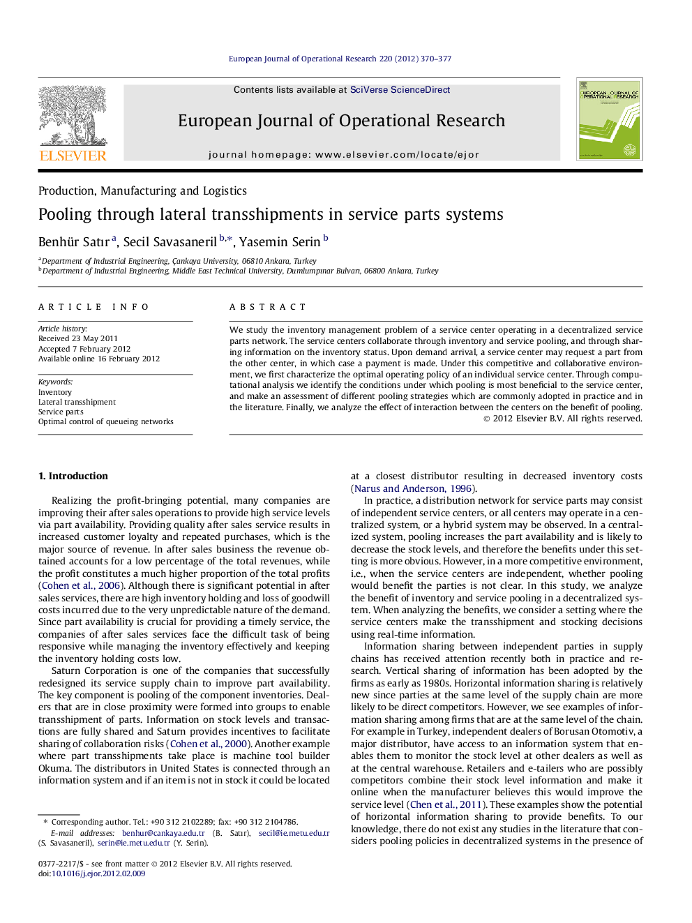 Pooling through lateral transshipments in service parts systems