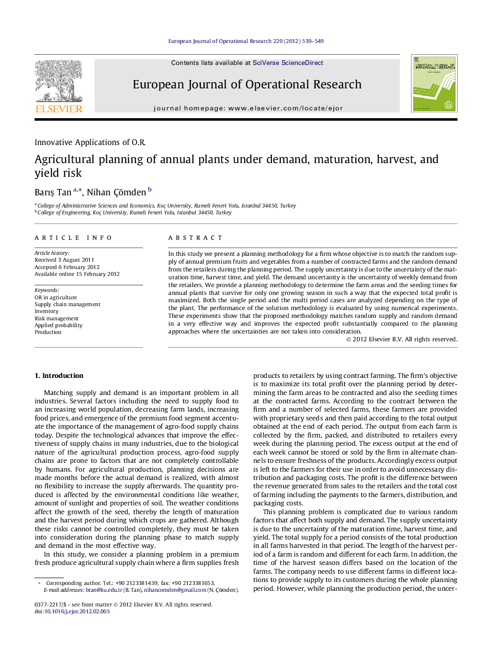 Agricultural planning of annual plants under demand, maturation, harvest, and yield risk