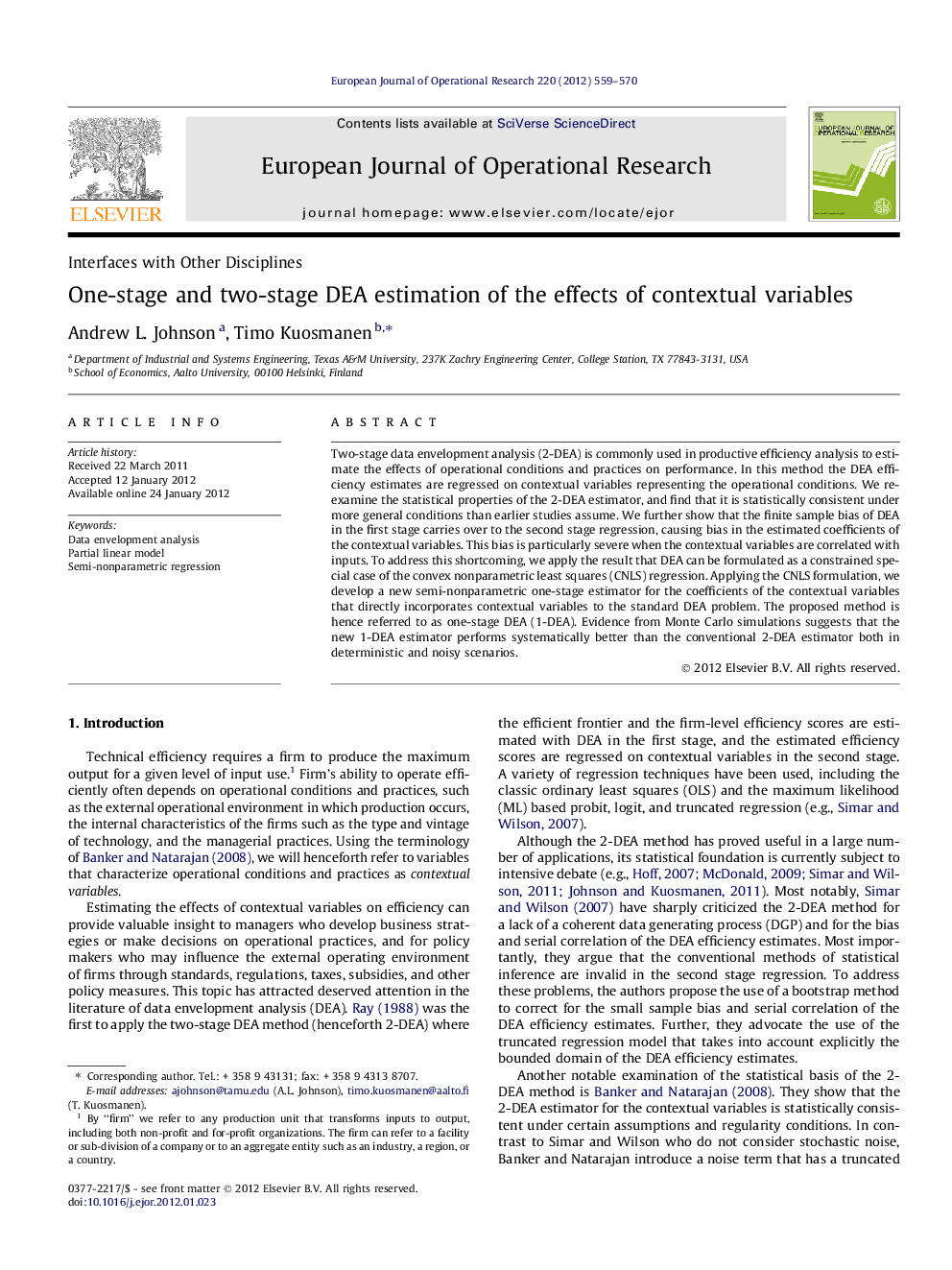 One-stage and two-stage DEA estimation of the effects of contextual variables