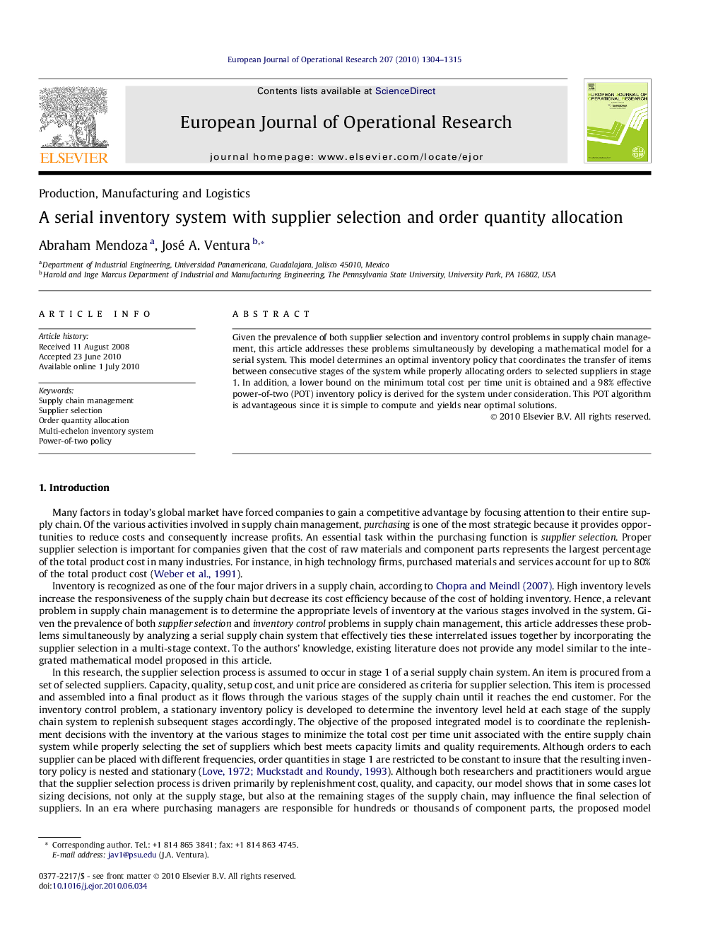 A serial inventory system with supplier selection and order quantity allocation