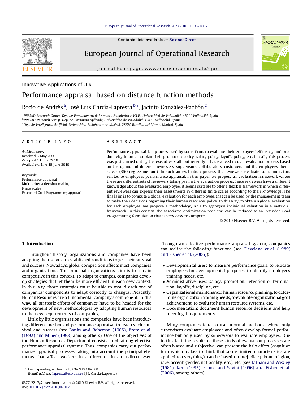 Performance appraisal based on distance function methods