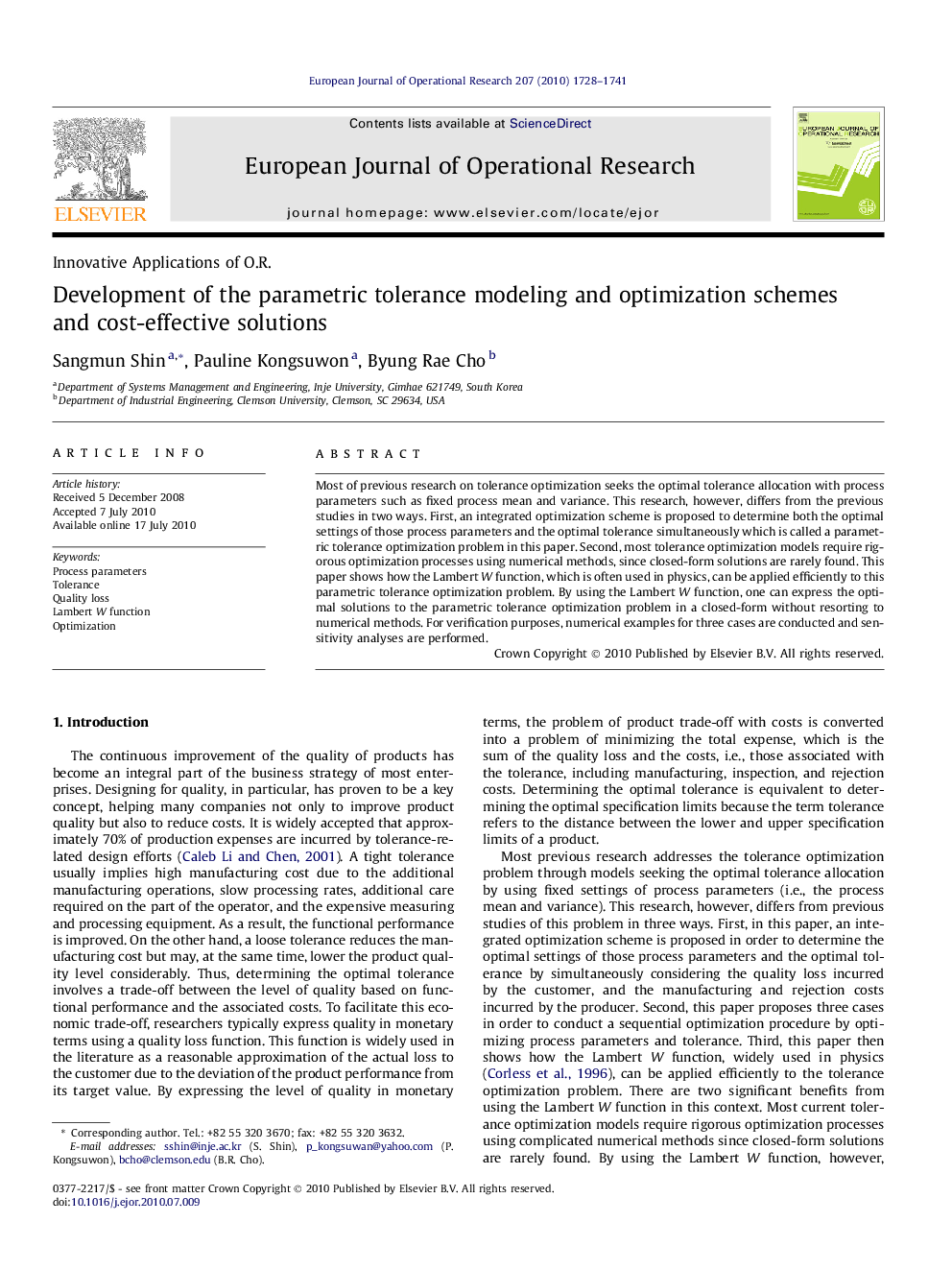 Development of the parametric tolerance modeling and optimization schemes and cost-effective solutions