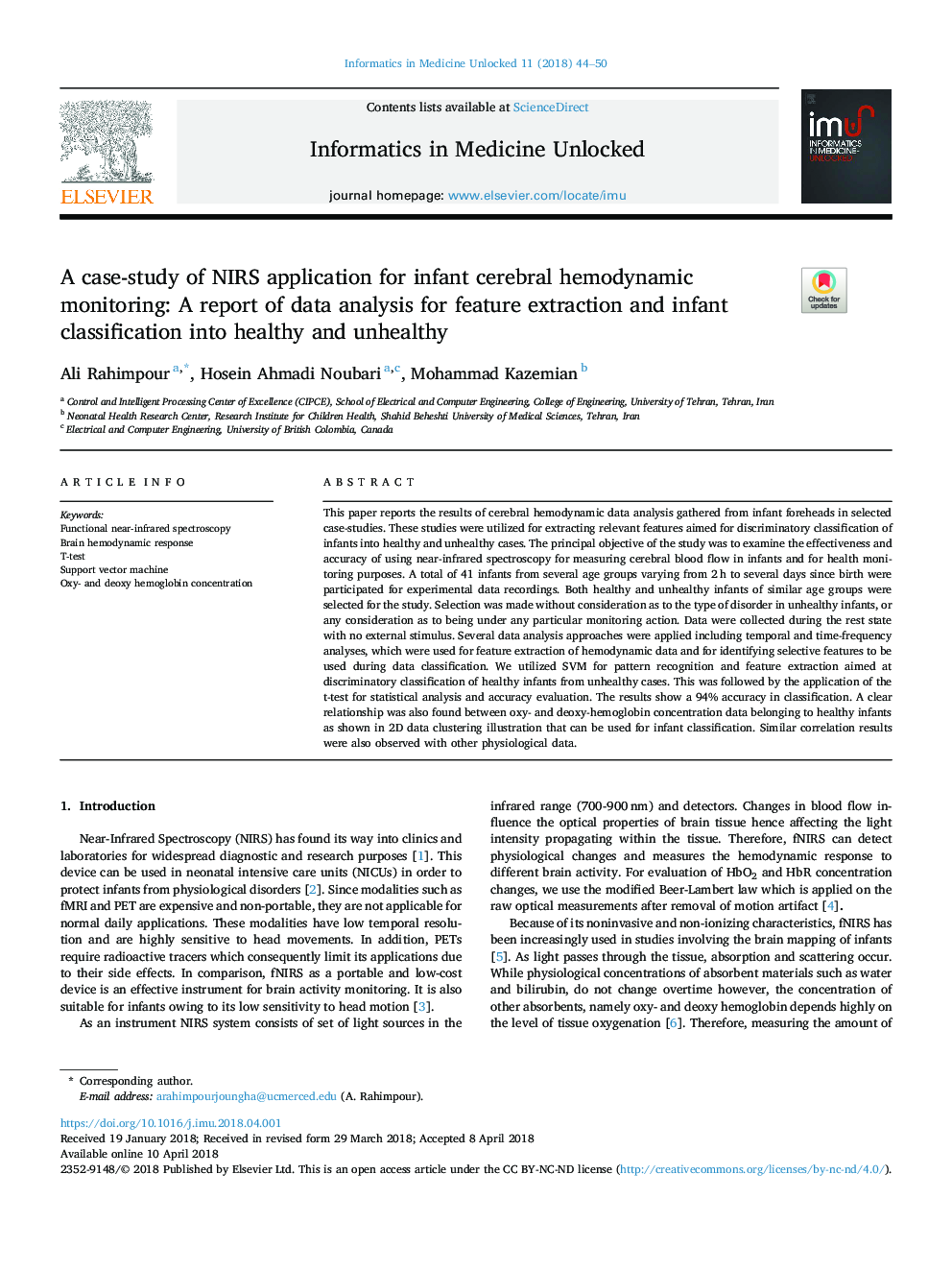 A case-study of NIRS application for infant cerebral hemodynamic monitoring: A report of data analysis for feature extraction and infant classification into healthy and unhealthy