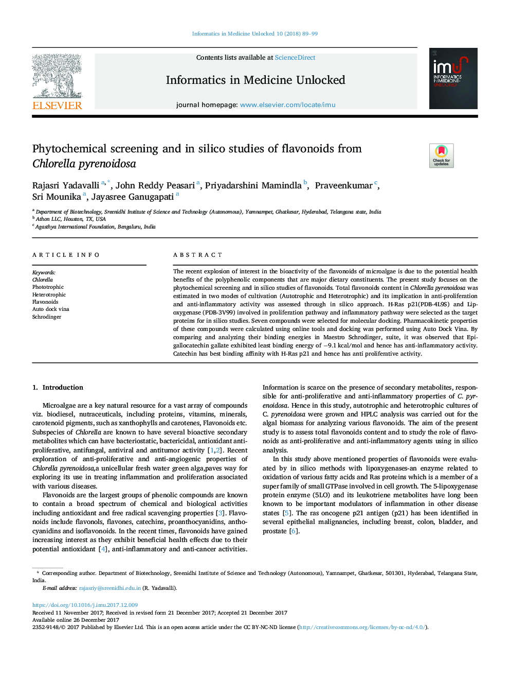 Phytochemical screening and in silico studies of flavonoids from Chlorella pyrenoidosa